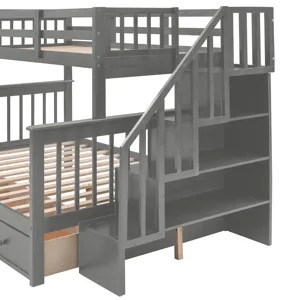 Twin Over Full Stairway Bunk Bed With Drawer, Storage And Guard Rail For Bedroom, Dorm, For Adults -