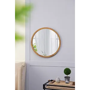 Circle Wall Mirror With Wooden Frame, Wall Mirror For Living Room - Brown