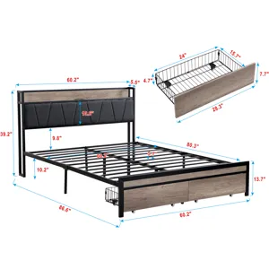 Queen Size Metal Platform Bed Frame With Upholsteryolstery Storage Function Headboard And USB Liner 