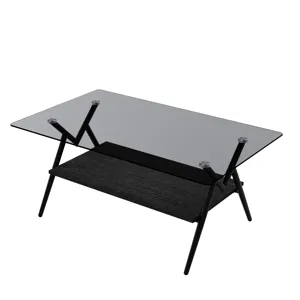 Rectangle Coffee Table With Tempered Glass Top And Black MDF Shelf, Modern Table For Living Room - G