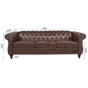 Rolled Arm Chesterfield Three Seater Sofa - Dark Brown