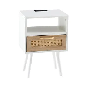 15.75\" Rattan End Table With Power Outlet & USB Ports, Modern Nightstand With Drawer And Solid Wood