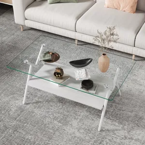 Rectangle Coffee Table With Tempered Glass Top And Metal Legs, Modern Table For Living Room - Transp