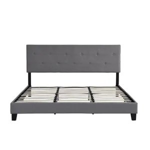 King Size Upholstered Platform Bed Frame With Button Tufted Linen Fabric Headboard, No Box Spring Ne