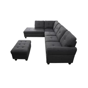 Alger - 98" Wide Left Hand Facing Sofa & Chaise With Ottoman - Charcoal Grey