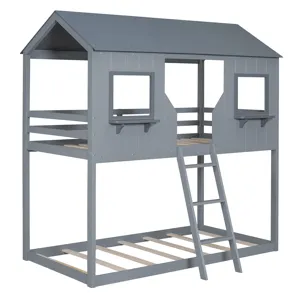 78\" Twin Over Twin Bunk Bed Wood Bed With Roof, Window, Guardrail, Ladder - Gray