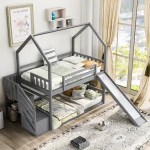 Twin Over Twin House Bunk Bed With Convertible Slide, Storage Staircase Can Be Placed Left Or Right 