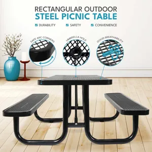 Outdoor Steel Picnic Rectangular Table With Umbrella Pole - Black