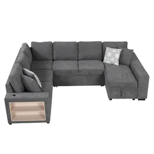 U-Shaped Sectional Sofa Pull-Out Sofa Bed With Two USB Ports, A Storage Chaise Lounge And Four Back 