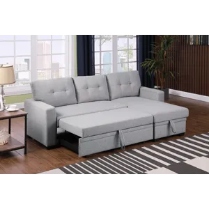 Upholstered Pull Out Sectional Sofa With Chaise - Light Gray