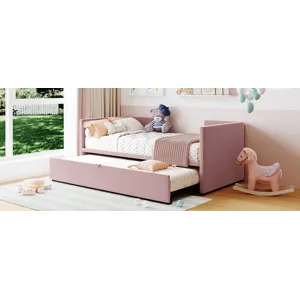 Twin Size Upholstered Daybed With Pop Up Trundle - Pink