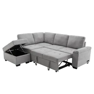 Sleeper Sectional Sofa, L-Shape Corner Couch Sofa - Bed With Storage Ottoman & Hidden Arm Storage & 