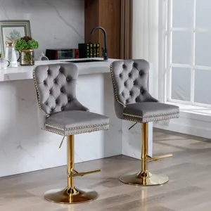 Thick Golden Swivel Velvet Barstools Adjusatble Seat Height From 25-33\", Modern Upholstered Bar Sto