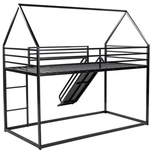 Twin Over Twin House Bunk Bed With Ladder And Slide - Black