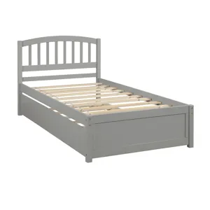 Twin Size Platform Bed Wood Bed Frame With Trundle - Gray