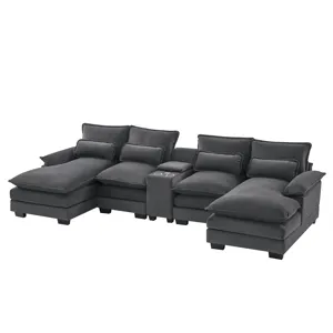 Modern U Shaped Sofa With Console, Cupholders And USB Ports, 6 Seat Upholstered Symmetrical Indoor F