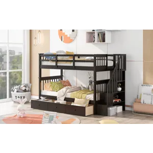 Stairway Twin Over Twin Bunk Bed With Three Drawers For Bedroom, Dorm - Espresso