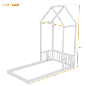 Twin House-Shaped Roof Headboard Floor Bed, (Without Slats) - White