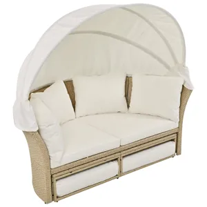 Outdoor Patio Daybed Wicker Rattan Double Daybed Round Sofa Furniture Set With Retractable Canopy, 4