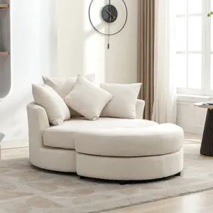 360° Swivel Accent Barrel Chair With Storage Ottoman & 4 Pillows, Modern Chenille Leisure Chair Round Accent For Living Room - Cream