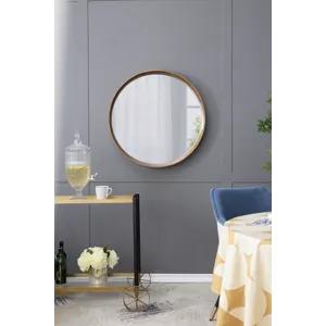 Round Pine Wood Mirror, Wall Mounted Mirror Home Decor For Bathroom Living Room - Brown
