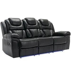 Home Theater Seating Manual Recliner Chair With Center Console And Led Light Strip For Living Room -