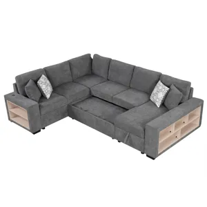 U-Shaped Sectional Sofa Pull-Out Sofa Bed With Two USB Ports, A Storage Chaise Lounge And Four Back 