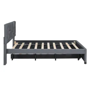 Full Size Upholstered Platform Bed With Brick Pattern Headboard And Twin Size Trundle, Linen - Gray