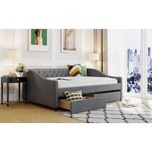 Full Size Upholstered Daybed With Two Drawers, Wood Slat Support - Gray