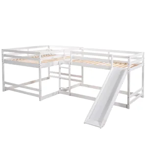 Full And Twin Size L-Shaped Bunk Bed With Slide And Short Ladder - White