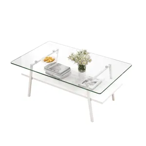 Rectangle Coffee Table, Tempered Glass Tabletop With Metal Legs, Modern Table For Living Room - Tran