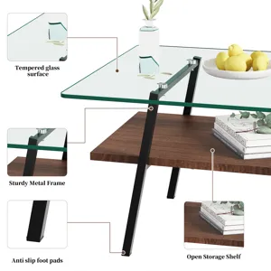 Rectangle Coffee Table, Tempered Glass Tabletop With Metal Legs, Modern Table For Living Room, Trans