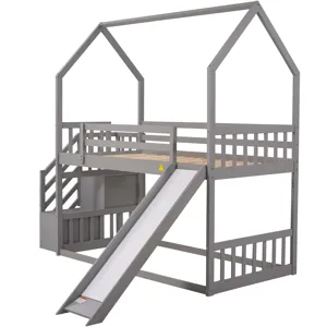 Twin Over Twin House Bunk Bed With Convertible Slide, Storage Staircase Can Be Placed Left Or Right 