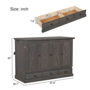 Full Solid Pine Murphy Bed Chest Cube Cabinet Bed With Charging Station And Large Storage Drawer For