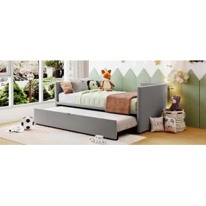 Twin Size Upholstered Daybed With Pop Up Trundle - Gray