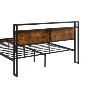 Queen Size Metal Platform Bed Frame With Wooden Headboard And Footboard With USB Liner, LED Lights, 