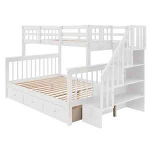 Twin Over Full Stairway Bunk Bed With Drawer, Storage And Guard Rail For Bedroom, Dorm, For Adults -