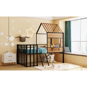 Twin Size Loft Bed With Roof, Window, Guardrail, Ladder Black