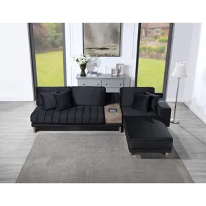 Memphis - 122.5\"W Black Velvet Reversible Sectional Sofa Ottoman With Storage Compartment, Drawer, 