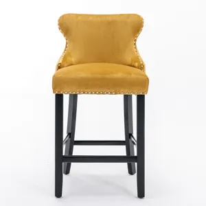 Contemporary Velvet Upholstered Wing-Back Barstools With Button Tufted Decoration And Wooden Legs, A