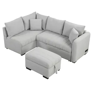 L-Shaped Sectional Pull Out Sofa Bed Sleeper Sofa With Two USB Ports, Two Power Sockets And A Movabl