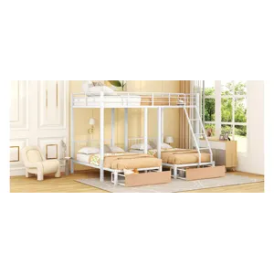 Full Over Twin & Twin Bunk Bed, Metal Triple Bunk Bed With Drawers And Guardrails - White