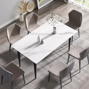 63\" Modern Artificial Stone White Straight Edge Black Metal Leg Dining Table, 6 People - White / Bl