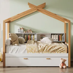 Twin Size Wooden House Bed With Original Wood Colored Frame Twin Size Trundle And Bookshelf Storage 