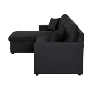 Paisley - Linen Fabric Reversible Sleeper Sectional Sofa With Storage Chaise - Black