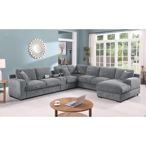 Celine - Chenille Fabric Corner Sectional Sofa With Right-Facing Chaise, Cupholders, And Charging Po