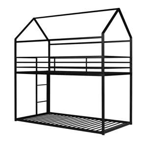 Bunk Beds For Kids Twin Over Twin, House Bunk Bed Metal Bed Frame Built-In Ladder, No Box Spring Nee