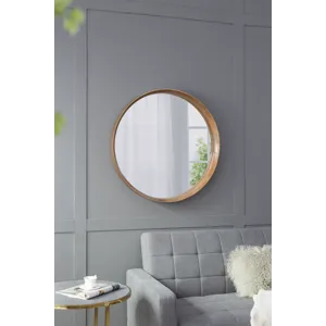 Round Pine Wood Mirror, Wall Mounted Mirror Home Decor For Bathroom Living Room - Brown