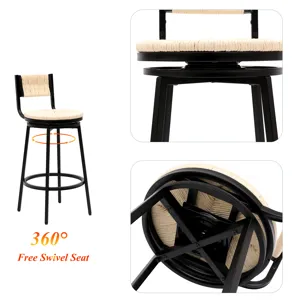 Bar Stools Swivel Counter Chairs With Metal Frame (Set of 2) Hand Woven Paper Rope Dining Barstools 