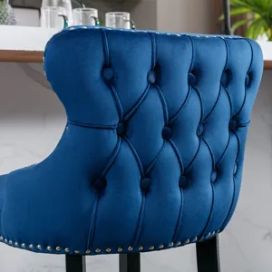 Contemporary Velvet Upholstered Wing-Back Barstools With Button Tufted Decoration And Wooden Legs, A
